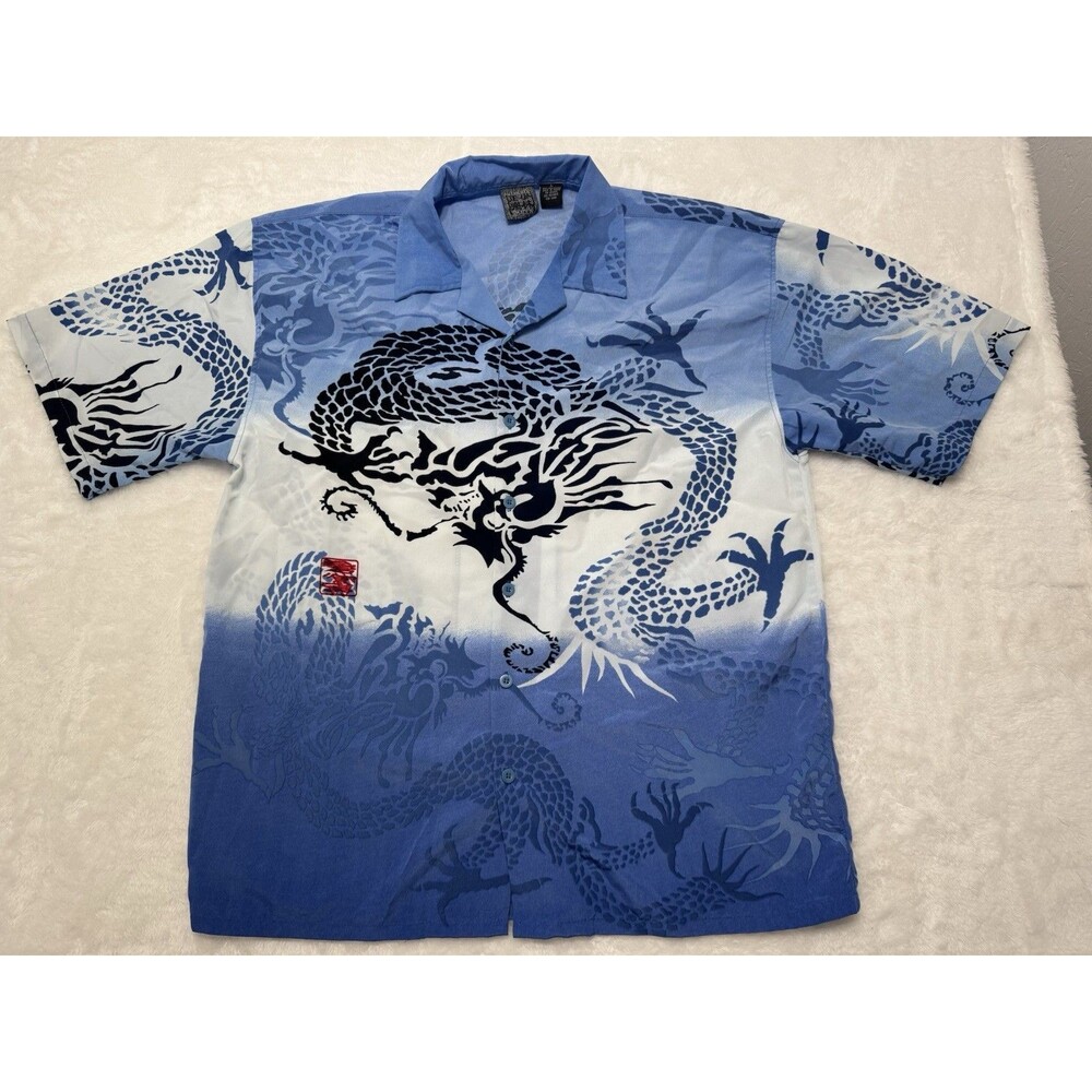Vintage Y2K Authentic Shaolin Dragon Button Up Hawaiian Camp Shirt Size L